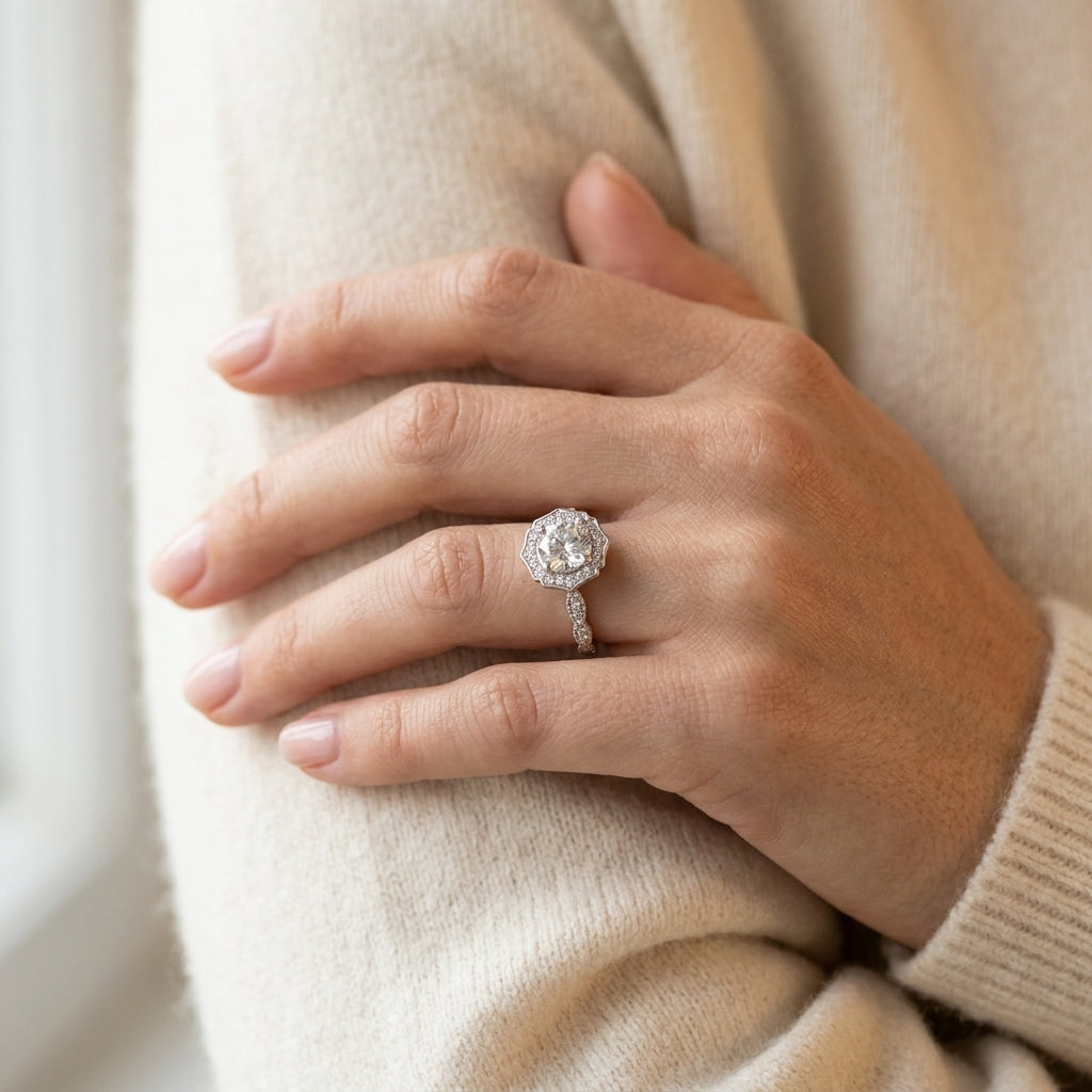 Scalloped Cushion Halo Ring - worn lifestyle photo
