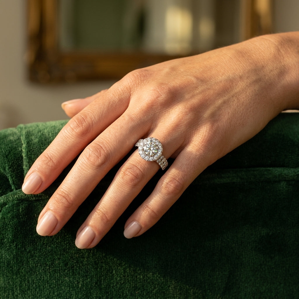Double Row Pavé Round Halo Engagement Ring - worn lifestyle photo