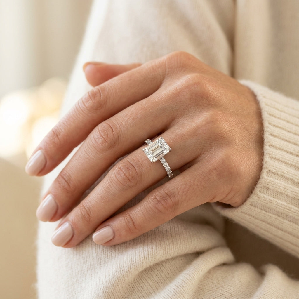 Floral Emerald Cut Engagement Ring - worn lifestyle photo