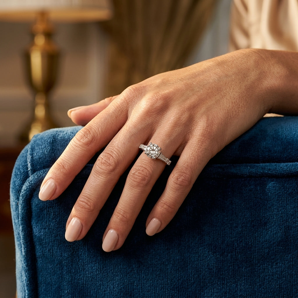 Fancy Shape Baguette Round Engagement Ring - worn lifestyle photo