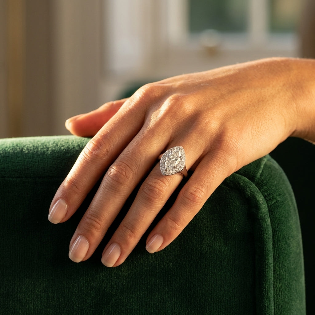 Double Halo Marquise Engagement Ring - worn lifestyle photo