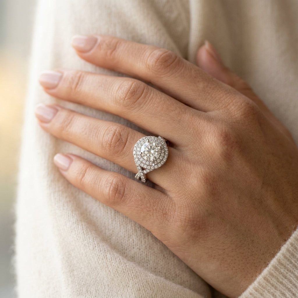 Twisted Double Halo Engagement Rings - worn lifestyle photo