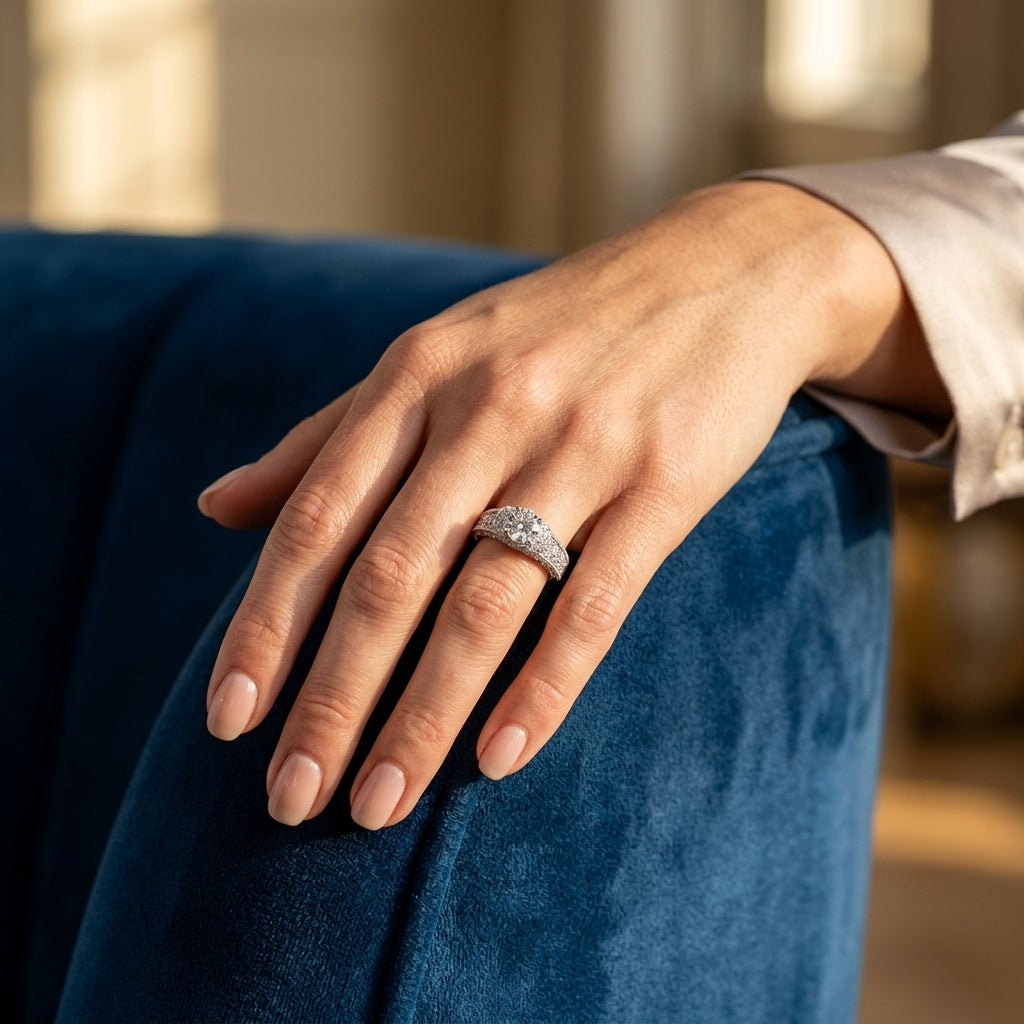 Antique Milgrain Halo Engagement Rings - worn lifestyle photo