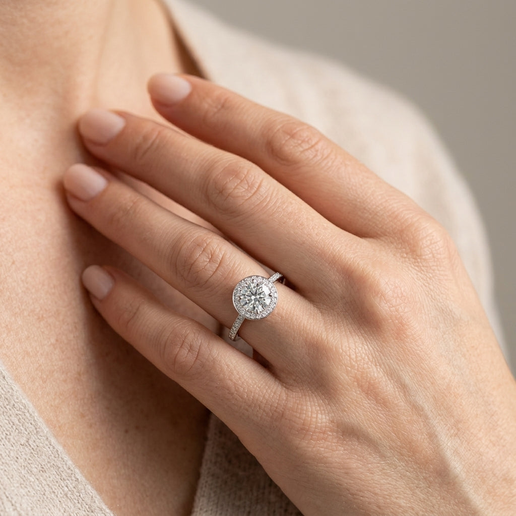 Single Row Prong Halo Engagement Rings - worn lifestyle photo