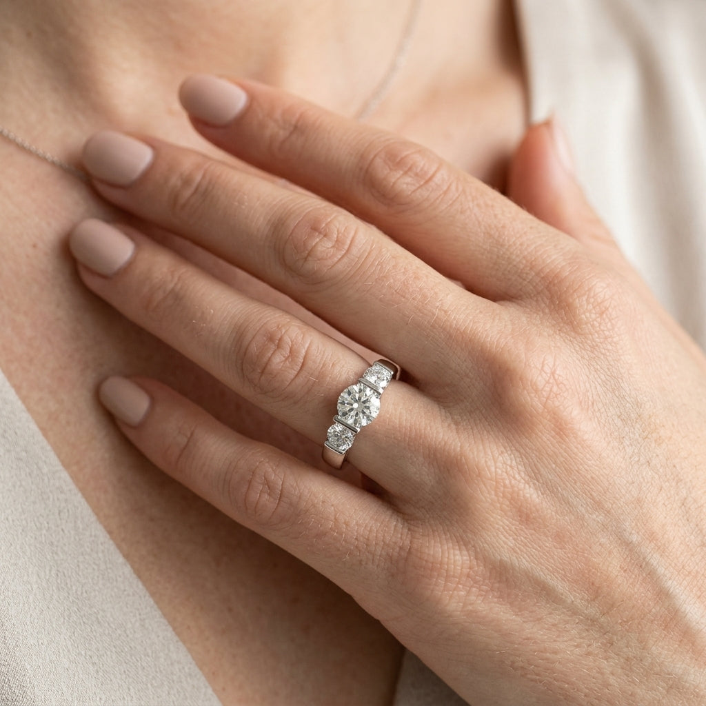 3-Stone Round Engagement Ring - worn lifestyle photo