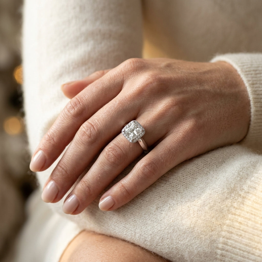 Solitaire Cushion Cut Halo Engagement Ring - worn lifestyle photo