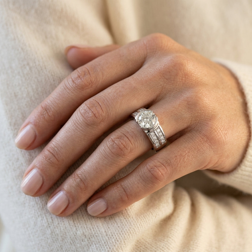 Multirow Half-Bezel Engagement Ring - worn lifestyle photo