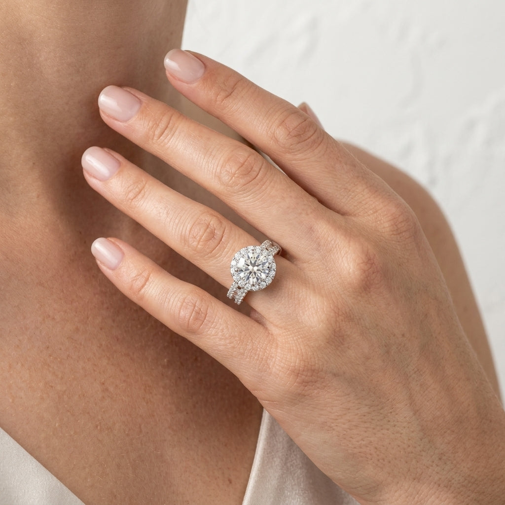 ENGAGEMENT RINGS HALO ROUND - worn lifestyle photo