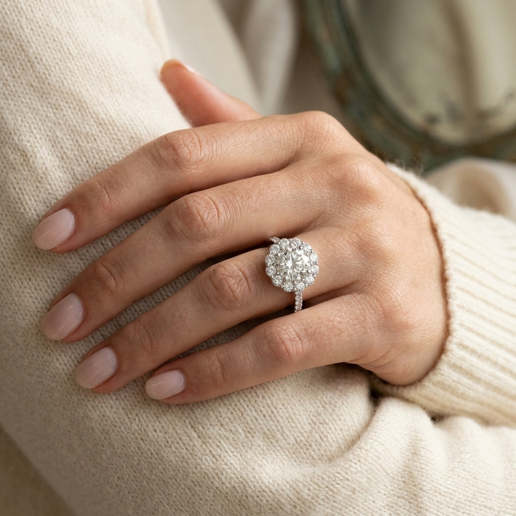 ENGAGEMENT RINGS HALO ROUND - worn lifestyle photo