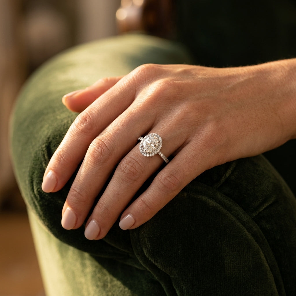 Single Row Prong Halo Oval Engagement Rings - worn lifestyle photo