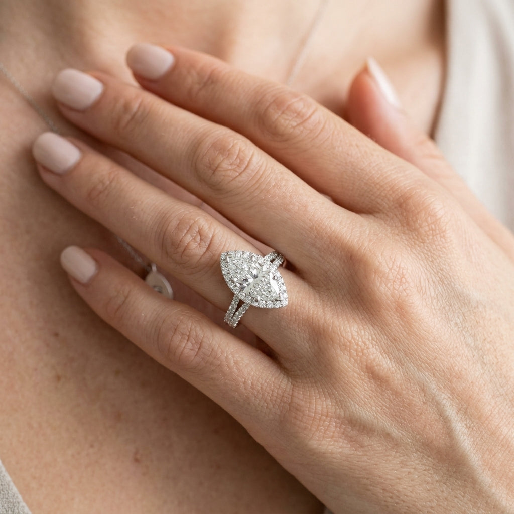 Multirow Pavé Halo Engagement Rings - worn lifestyle photo