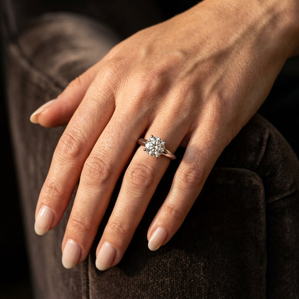 Solitaire Knife Edge Round Engagement Ring - worn lifestyle photo