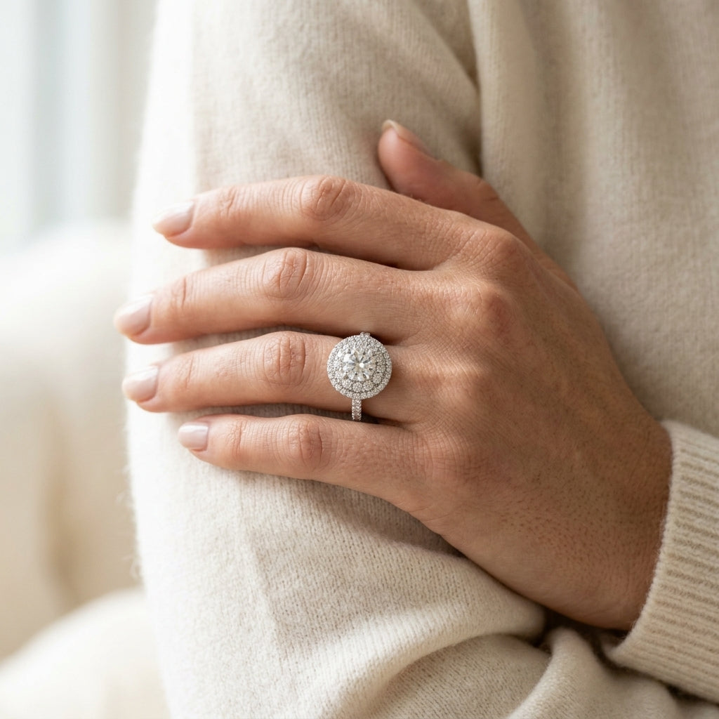 Single Row Double Halo Engagement Rings - worn lifestyle photo