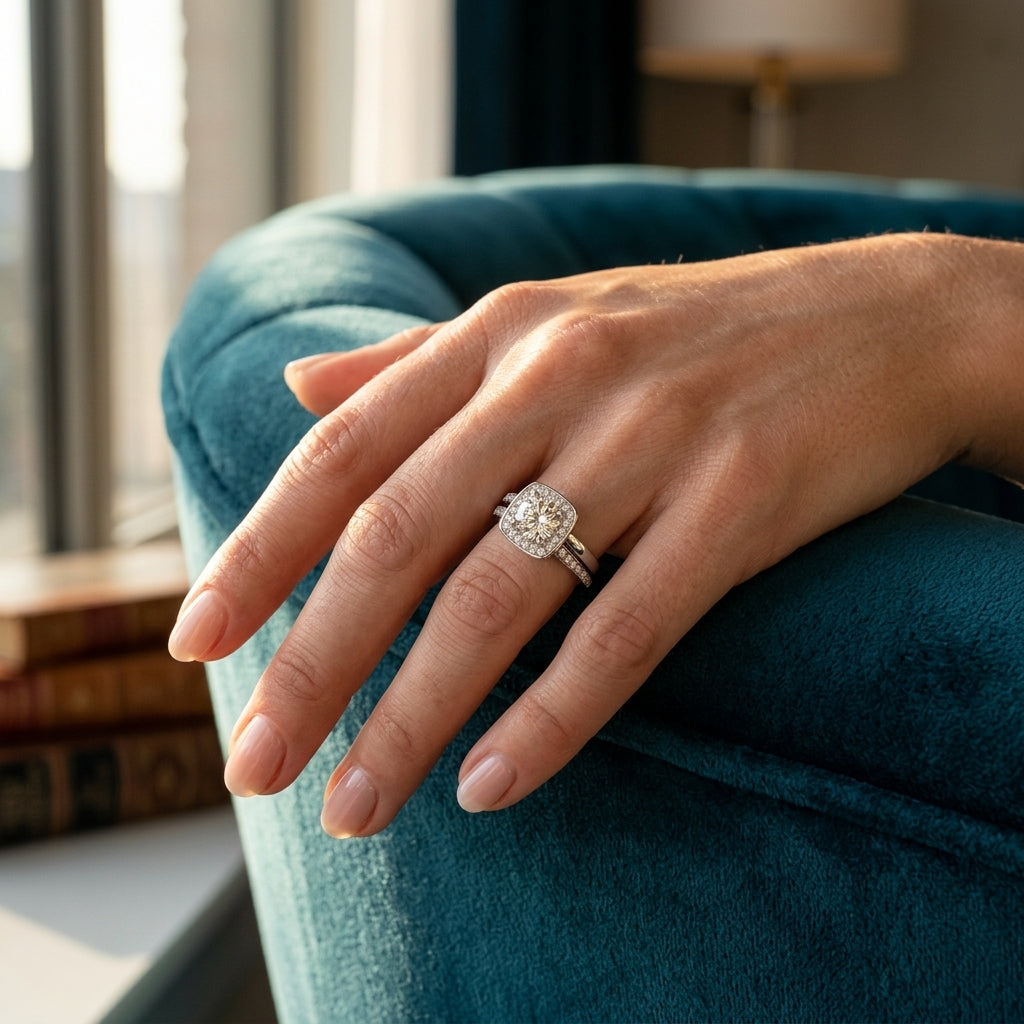 Split Band Halo Engagement Rings - worn lifestyle photo