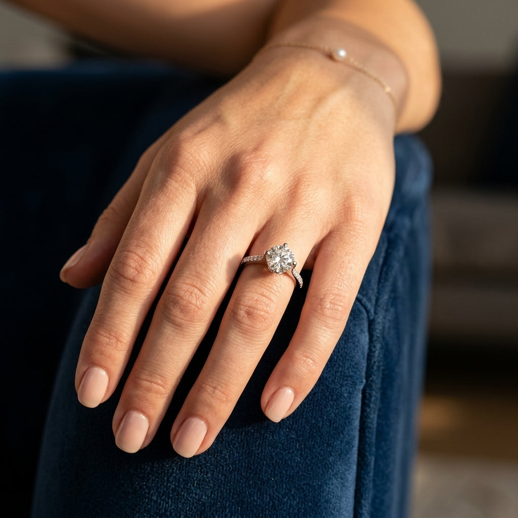 Single Row Prong Set Engagement Ring - worn lifestyle photo