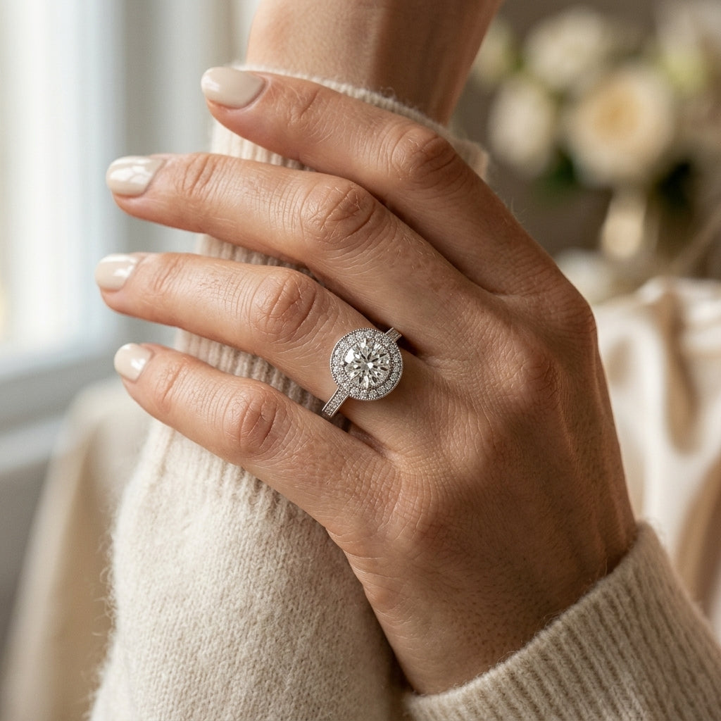 Antique Style Milgrain Halo Engagement Rings - worn lifestyle photo