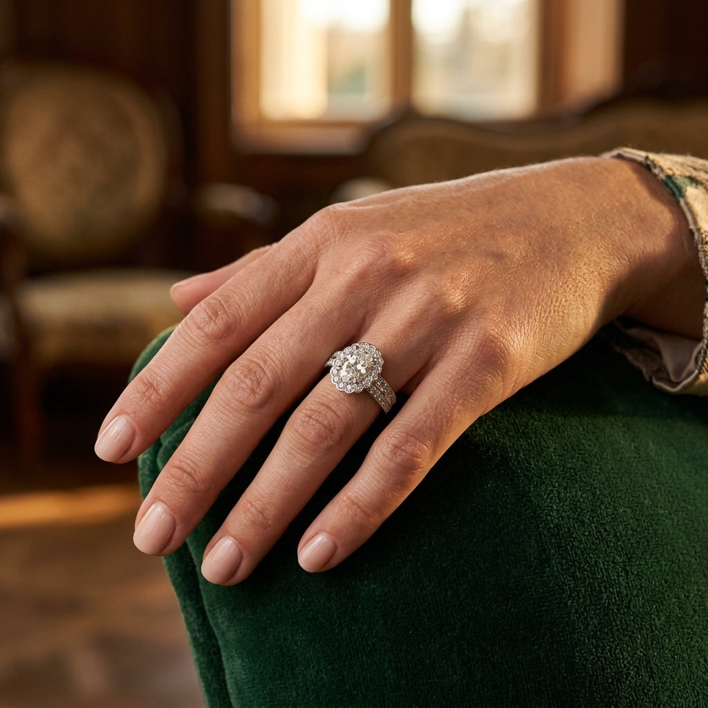 Double Row Floral Oval Halo Engagement Ring - worn lifestyle photo