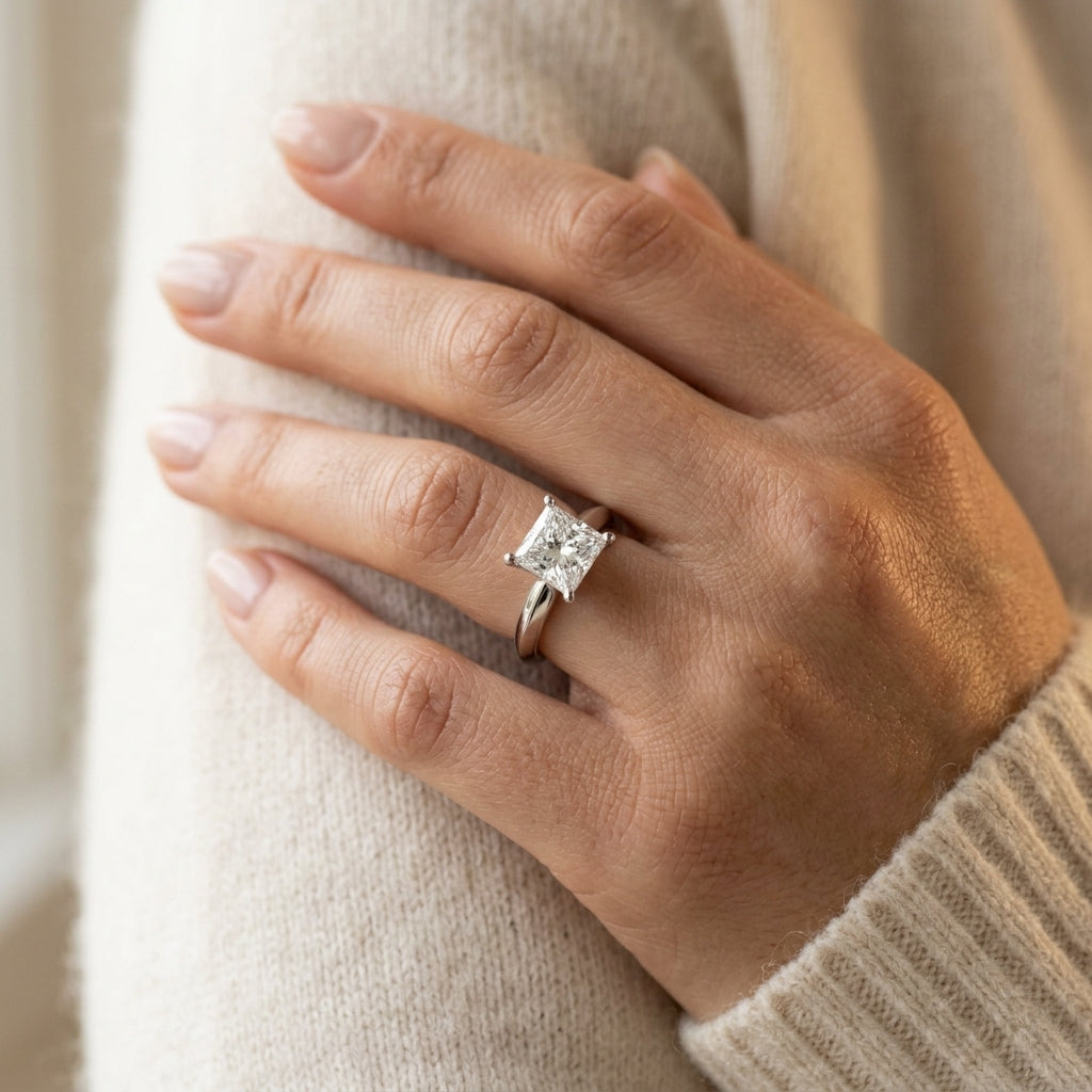 Solitaire Knife Edge Princess Cut Engagement Ring - worn lifestyle photo