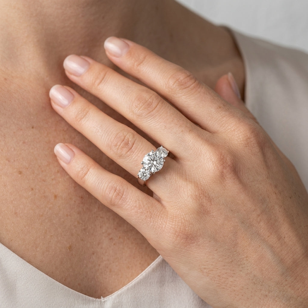 3-Stone Round Engagement Ring - worn lifestyle photo