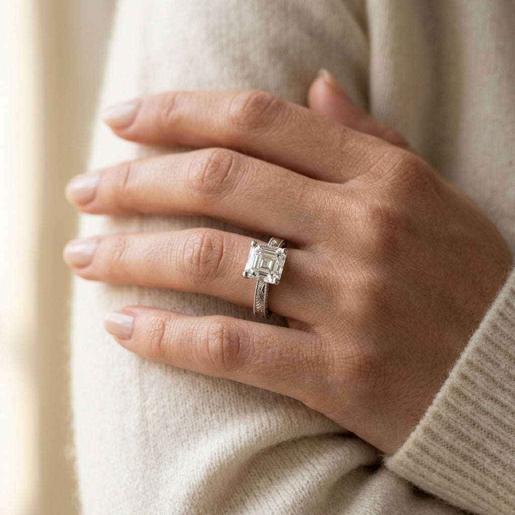 Vintage-inspired Milgrain Engagement Ring - worn lifestyle photo