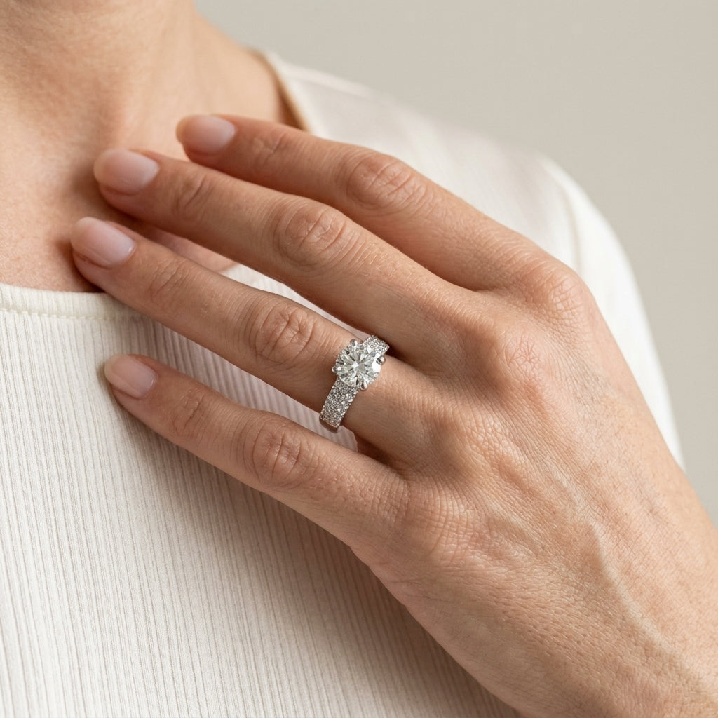 Multirow Pavé Set Engagement Ring - worn lifestyle photo