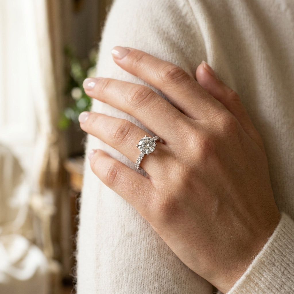 Single Row Diamond Engagement Ring - worn lifestyle photo