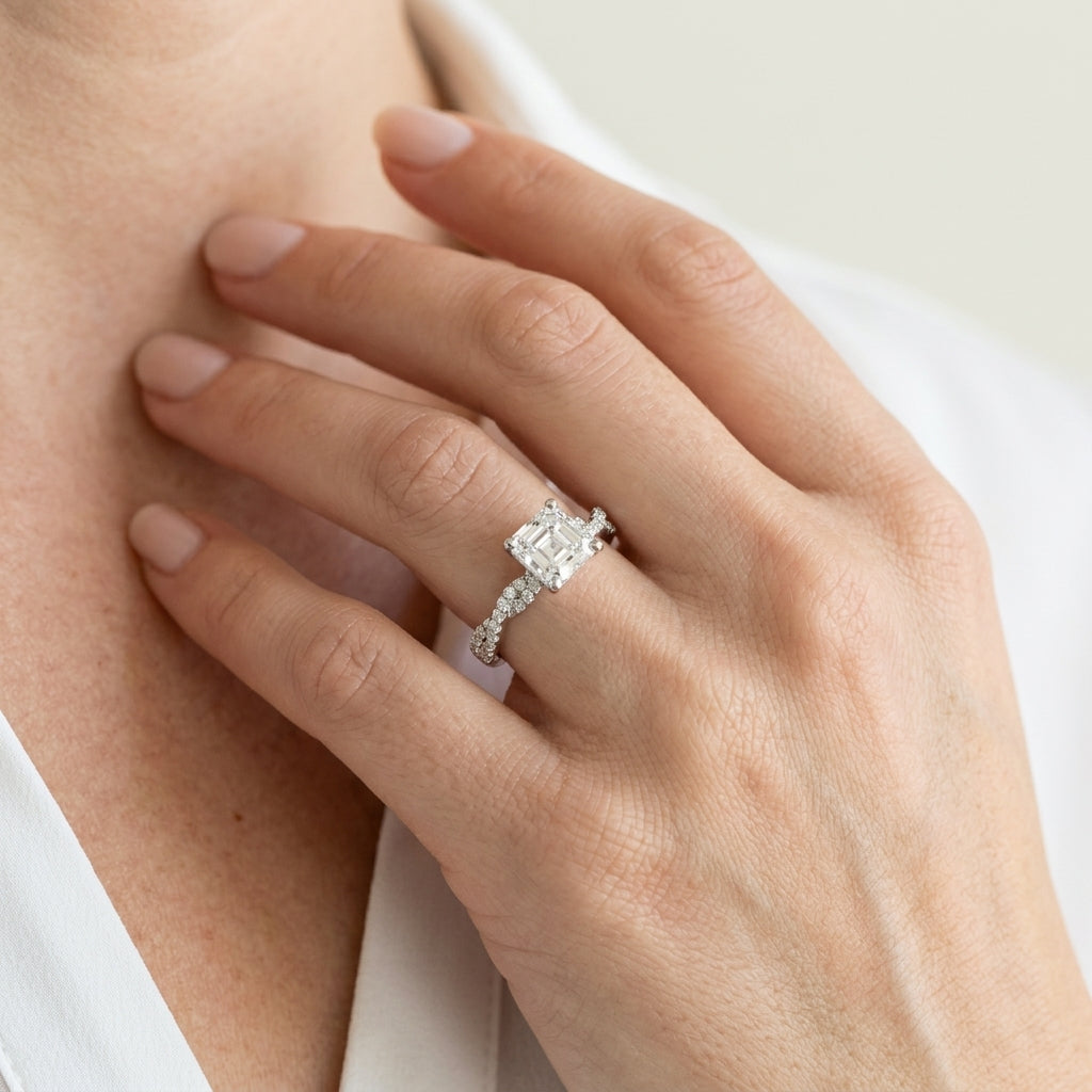 Twisting Diamond Adorned Engagement Ring - worn lifestyle photo