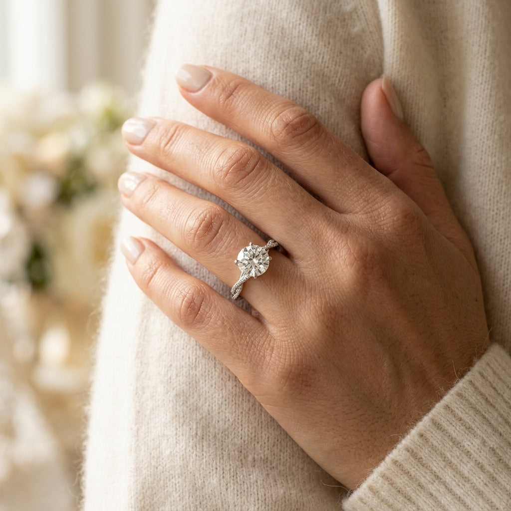 Twisting Milgrain Engagement Ring - worn lifestyle photo