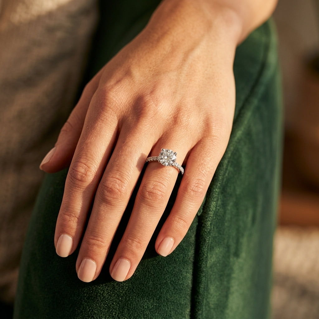 Single Row Prong Set Engagement Ring - worn lifestyle photo