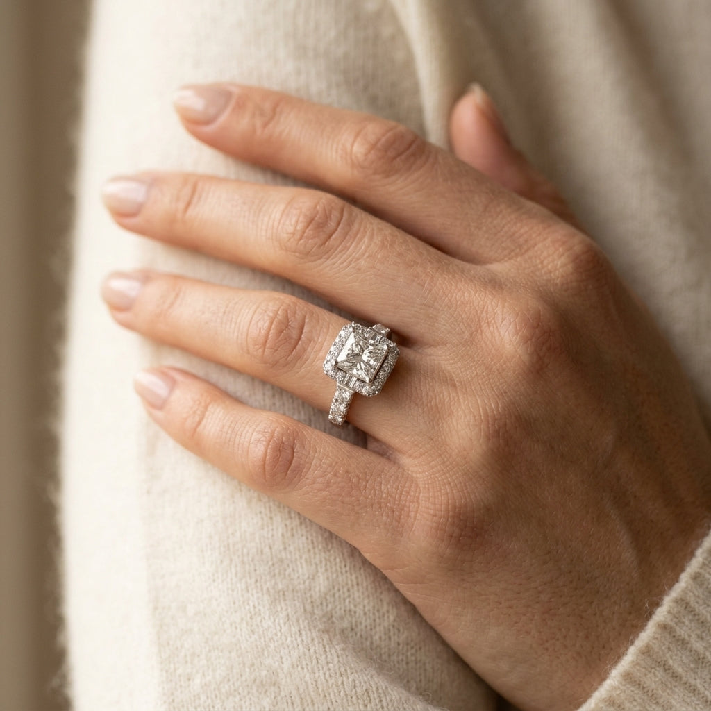 Milgrain Halo Engagement Rings - worn lifestyle photo