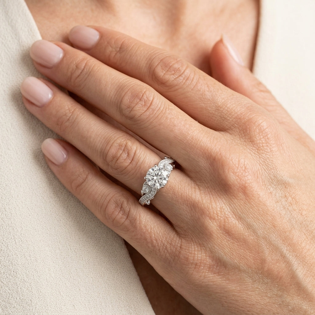 Vintage Inspired Swirling Engagement Ring - worn lifestyle photo