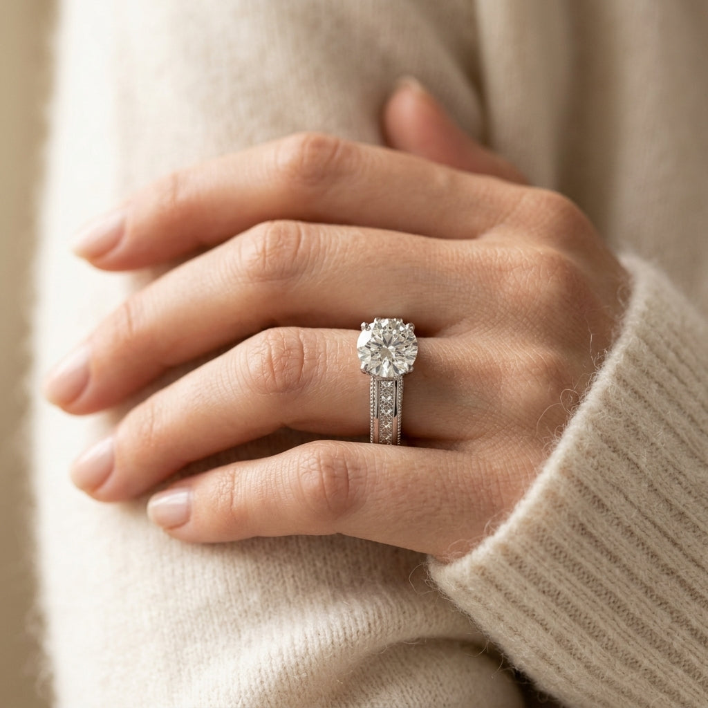 Antique Princess Cut Milgrain Engagement Band - worn lifestyle photo