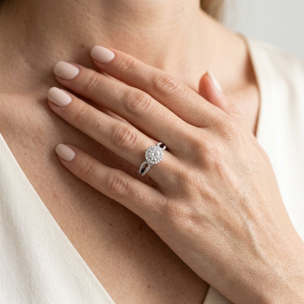 ENGAGEMENT RINGS HALO ROUND - worn lifestyle photo
