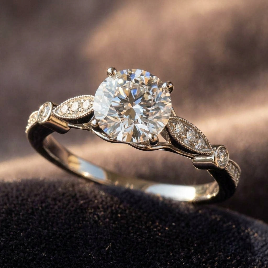 Vintage Inspired Milgrain Edge Engagement Ring - worn lifestyle photo