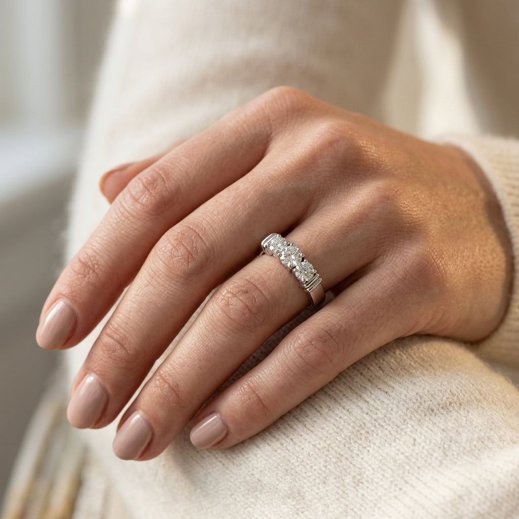 3-Stone Round Engagement Ring - worn lifestyle photo