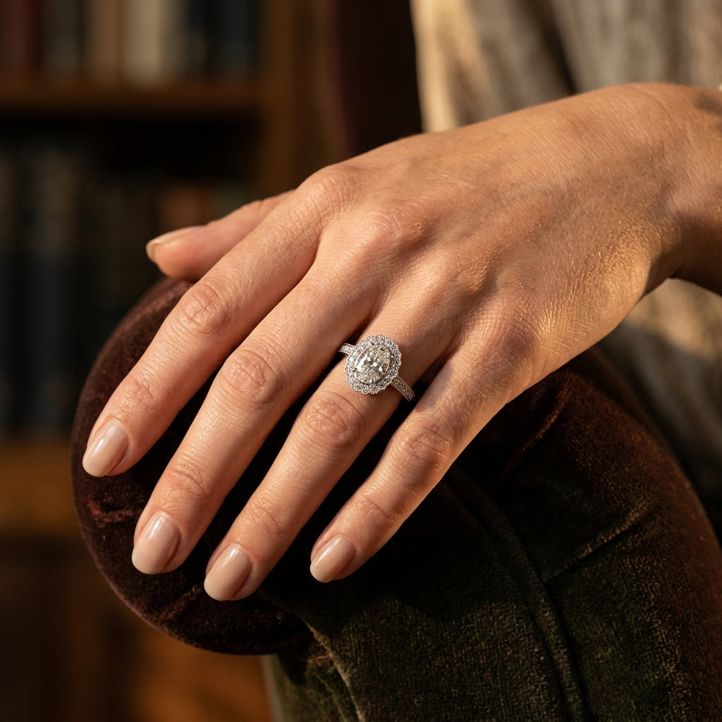Vintage Single Row Prong Halo Milgrain Engagement Ring - worn lifestyle photo