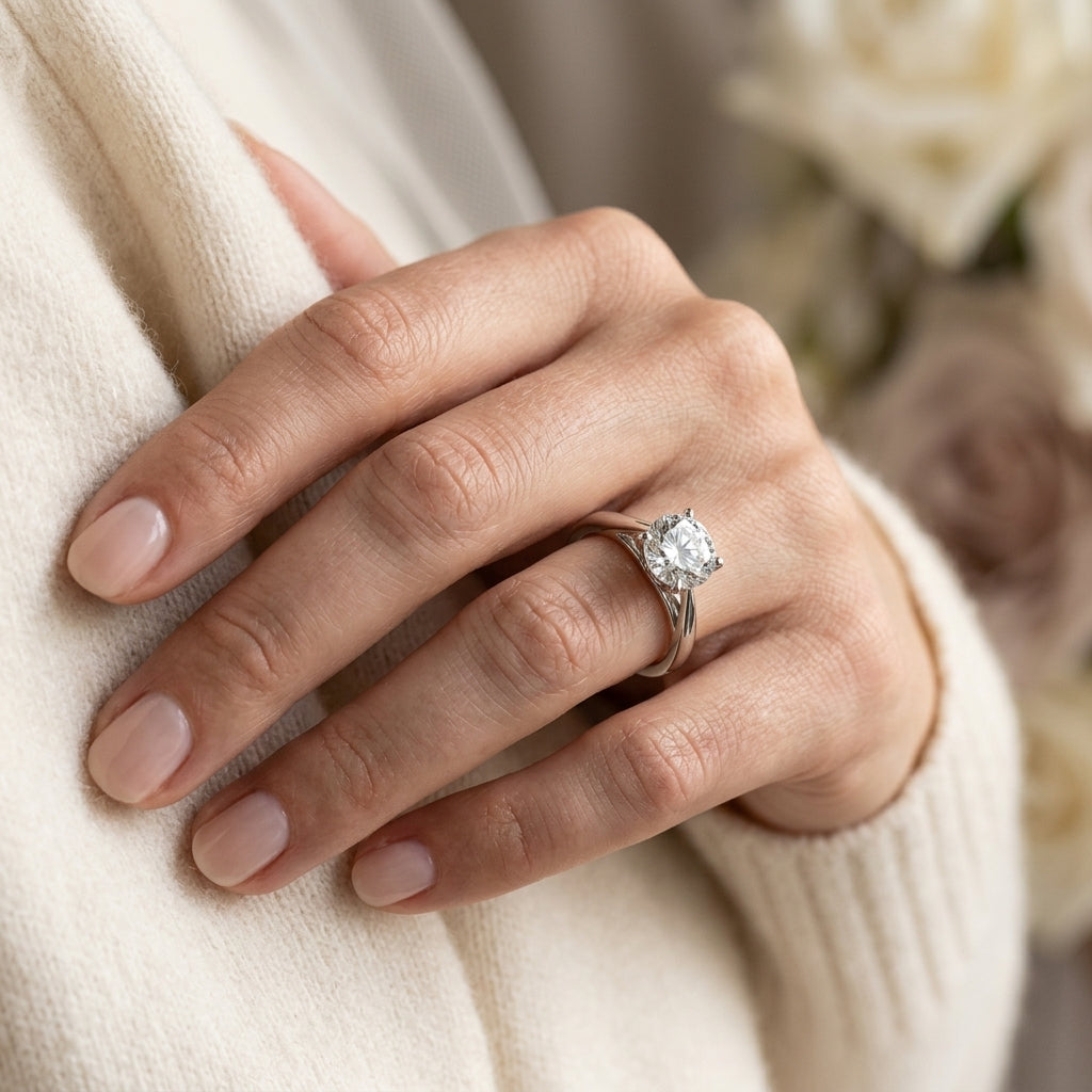 Solitaire Cathedral Engagement Ring - worn lifestyle photo
