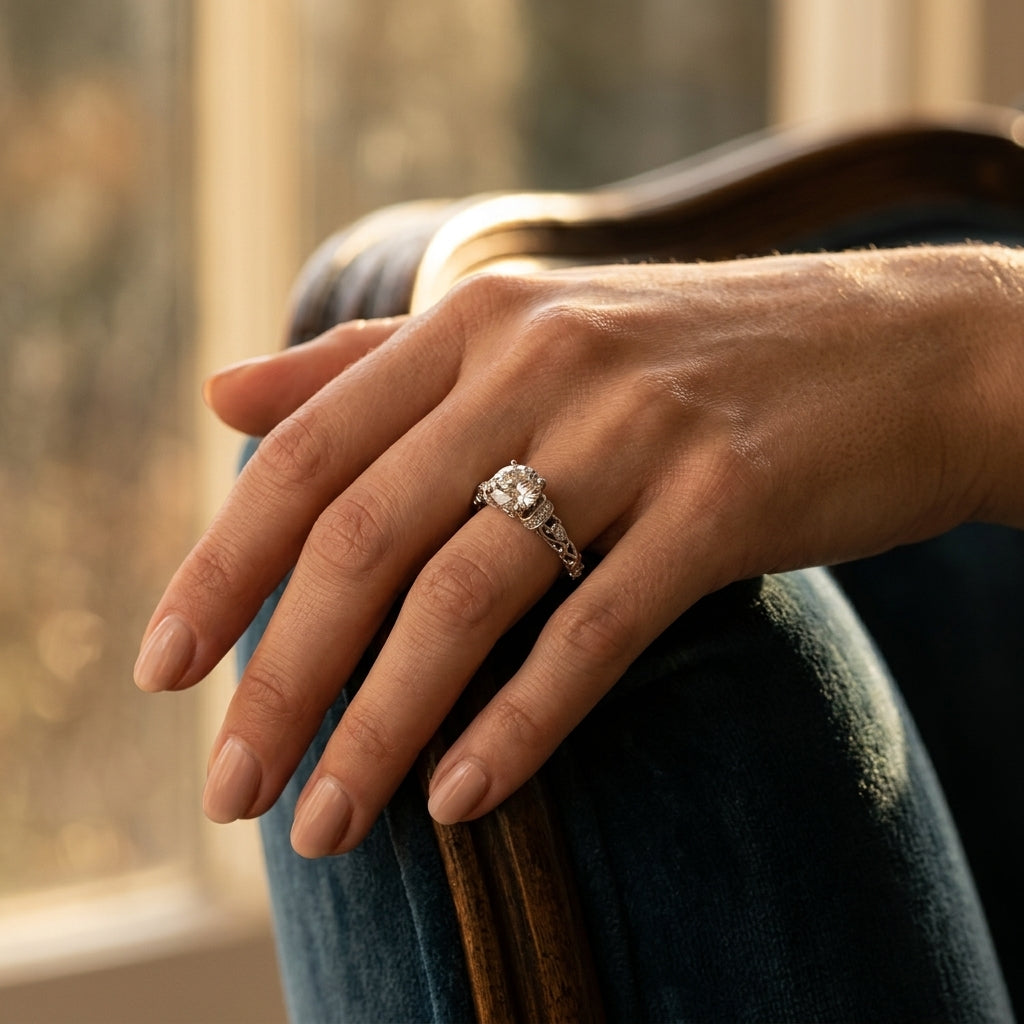 Vintage Inspired Engagement Ring - worn lifestyle photo