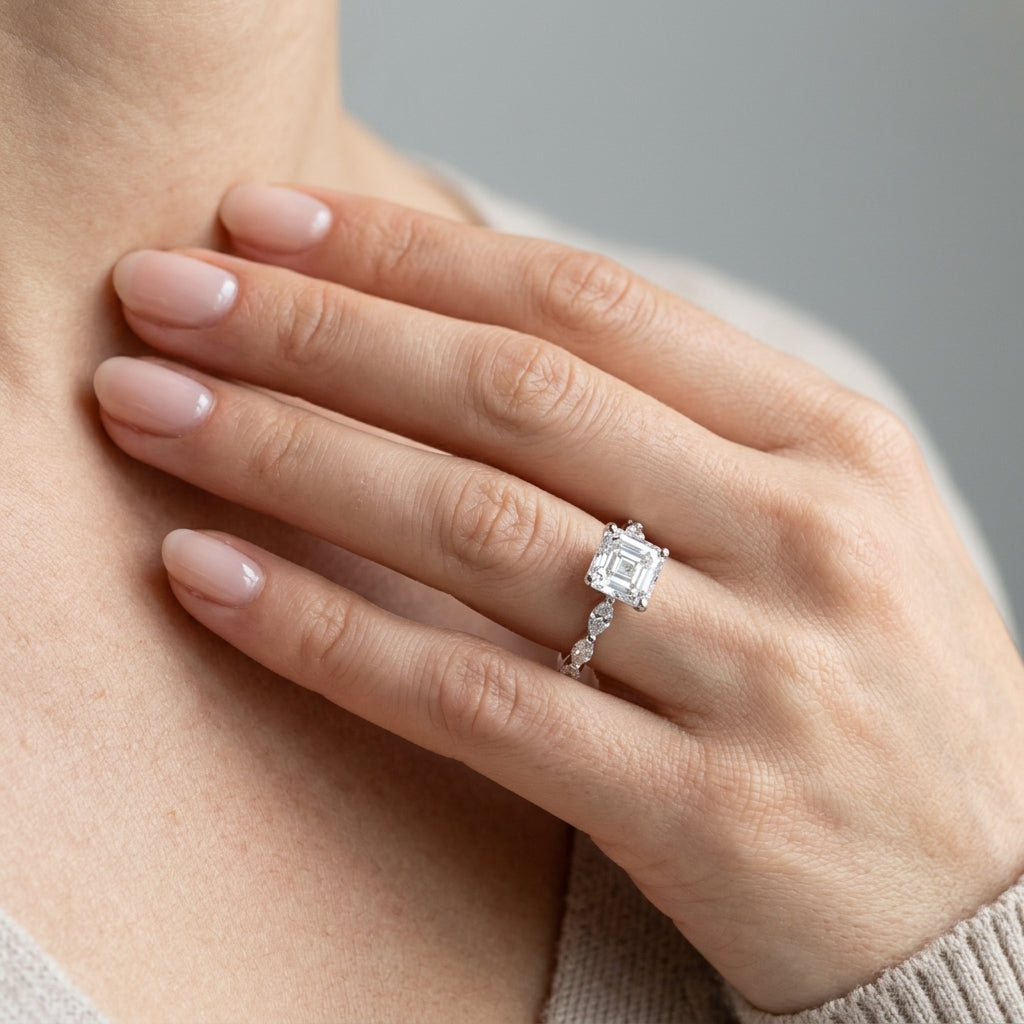 Single Shared Prong Marquise Side Engagement Ring - worn lifestyle photo