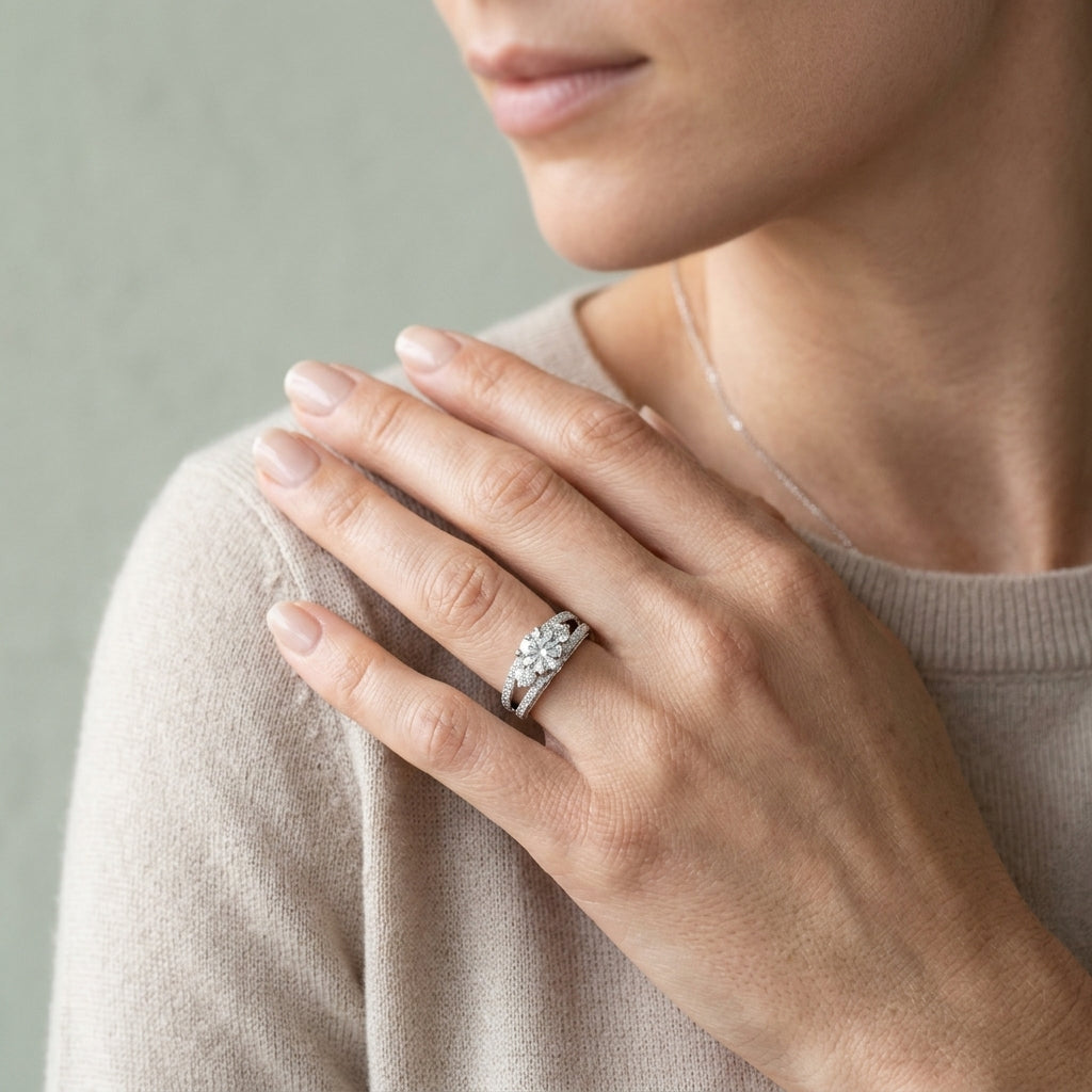3-Stone Split Shank Vintage Engagement Ring - worn lifestyle photo