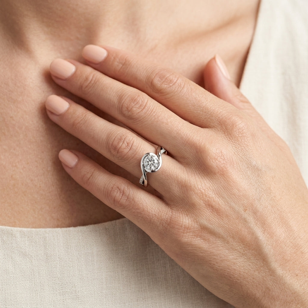 Solitaire Bypass Engagement Ring - worn lifestyle photo