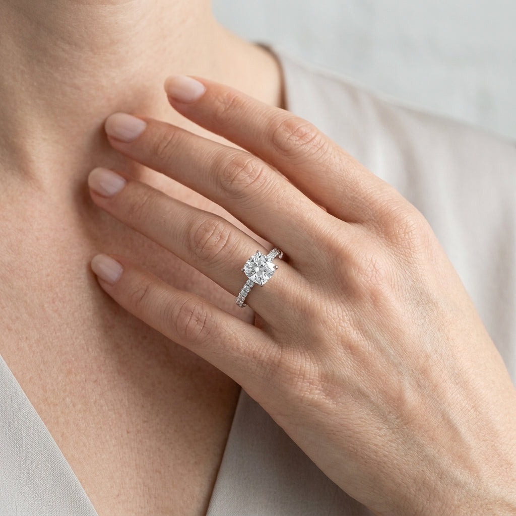 Single Row Diamond Engagement Ring - worn lifestyle photo