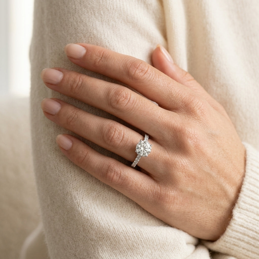 Single Row Trellis Engagement Ring - worn lifestyle photo