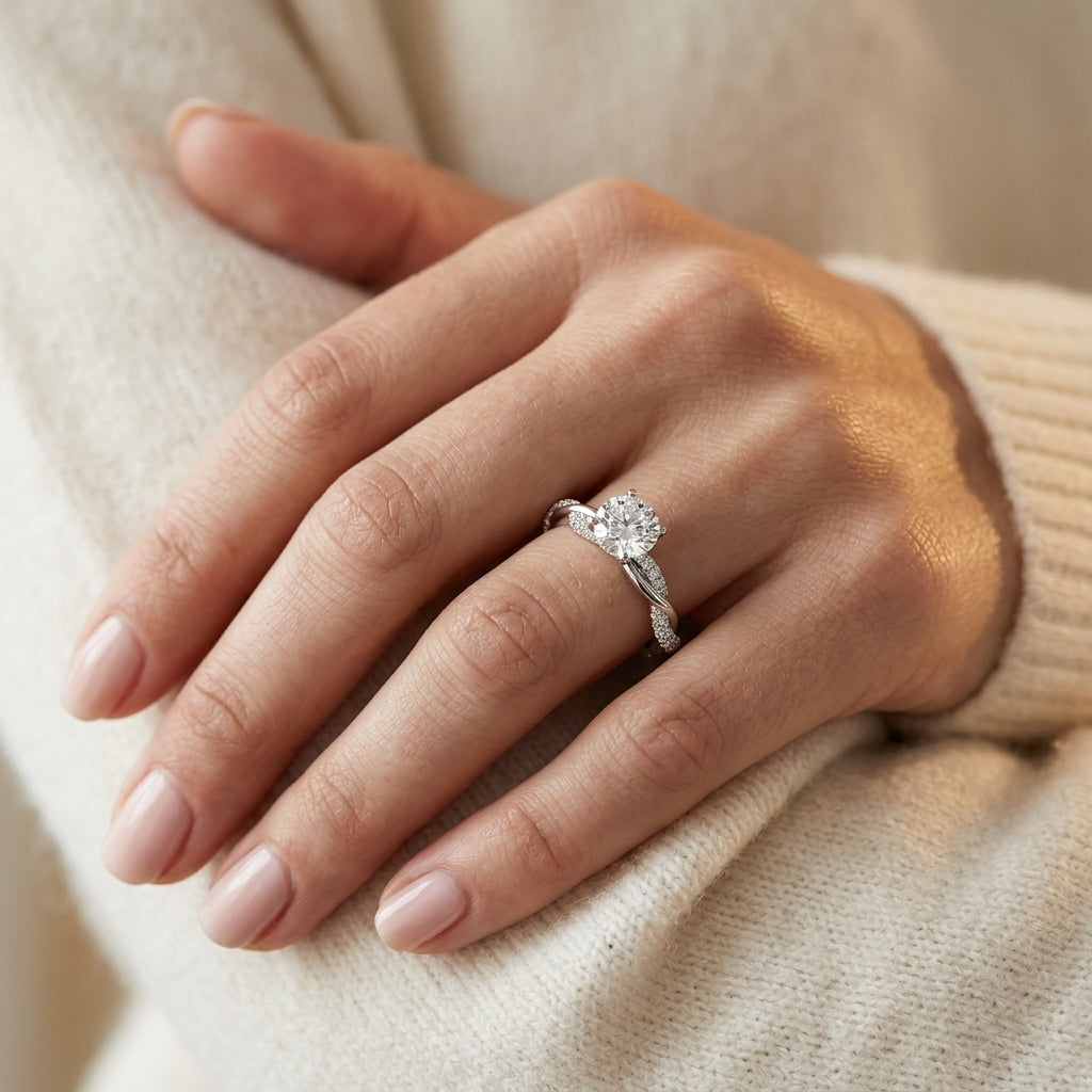 Twisting Alternating Pavé Engagement Ring - worn lifestyle photo