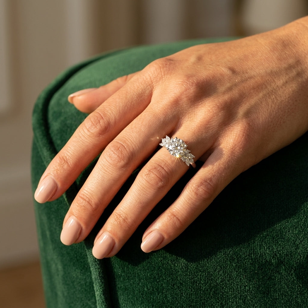 Scattered Diamond Cathedral Engagement Ring - worn lifestyle photo