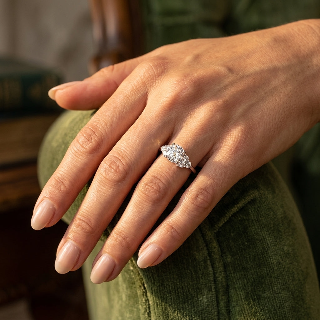 Cluster Side Peg Head Engagement Ring - worn lifestyle photo