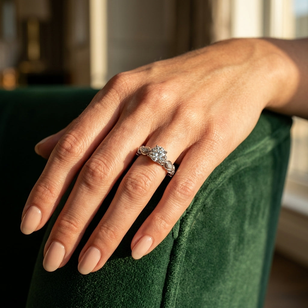 Vintage Inspired Engagement Ring - worn lifestyle photo