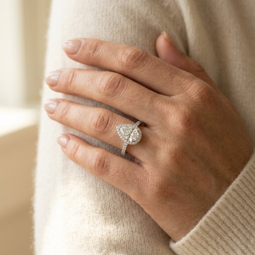 Pear Halo Engagement Ring - worn lifestyle photo