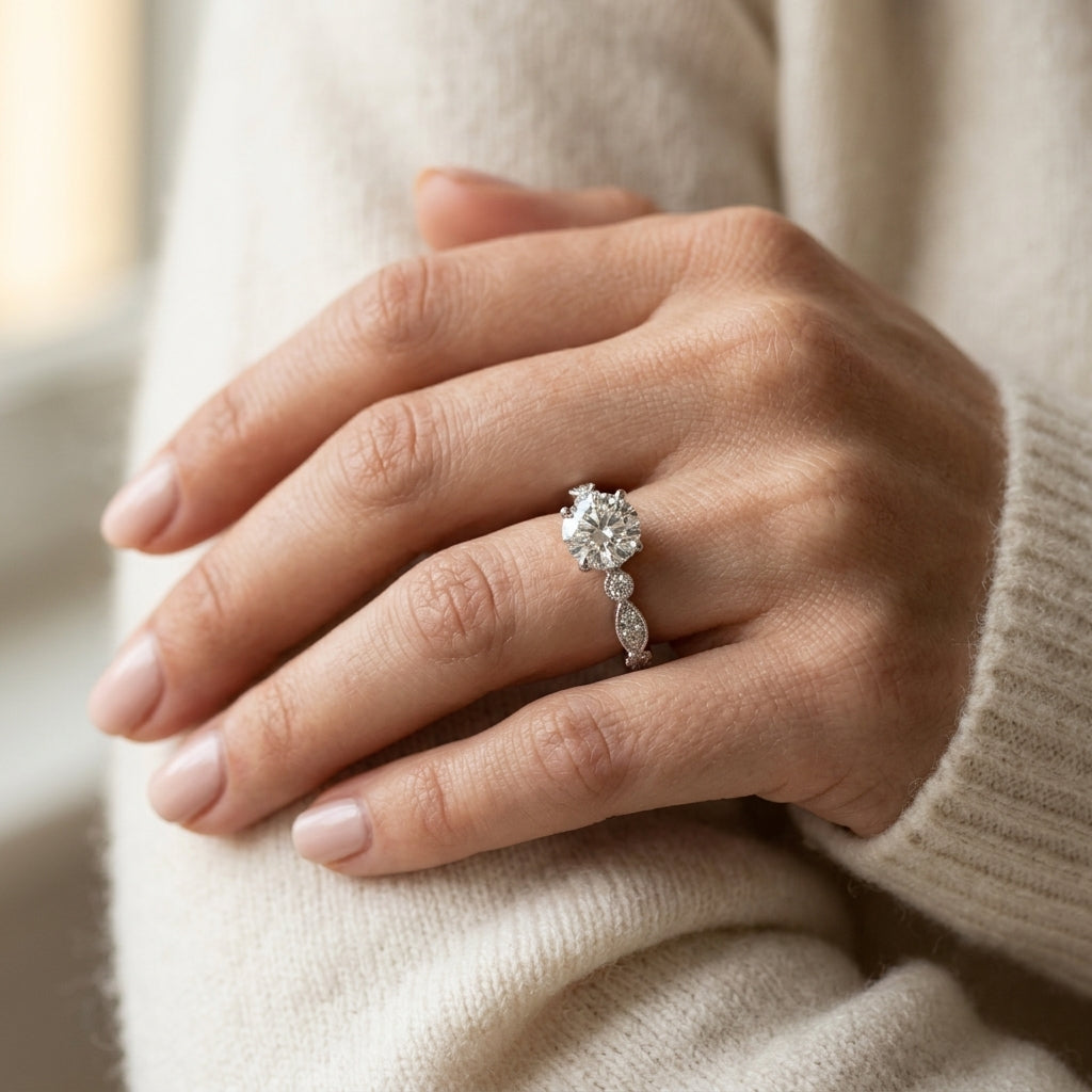 Vintage Inspired Milgrain Engagement Ring - worn lifestyle photo