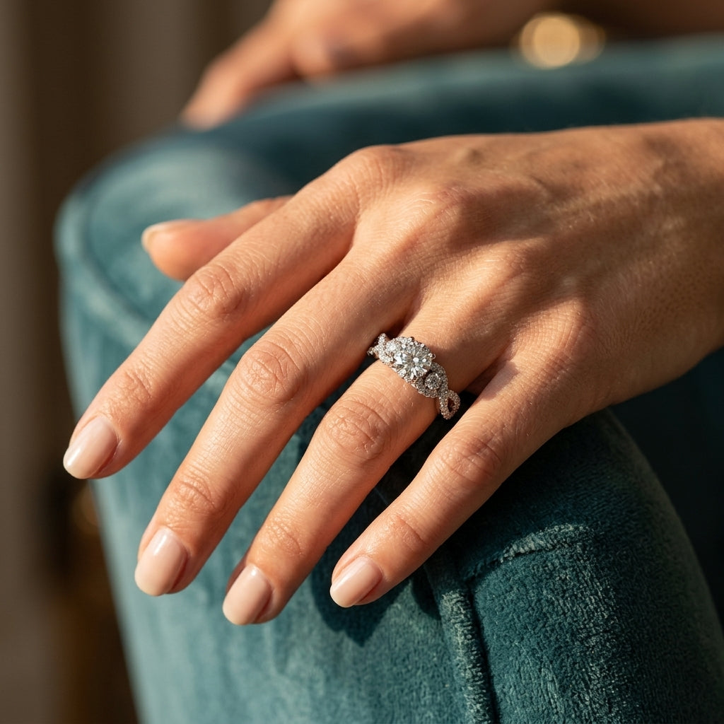 Twisting Diamond Engagement Ring - worn lifestyle photo